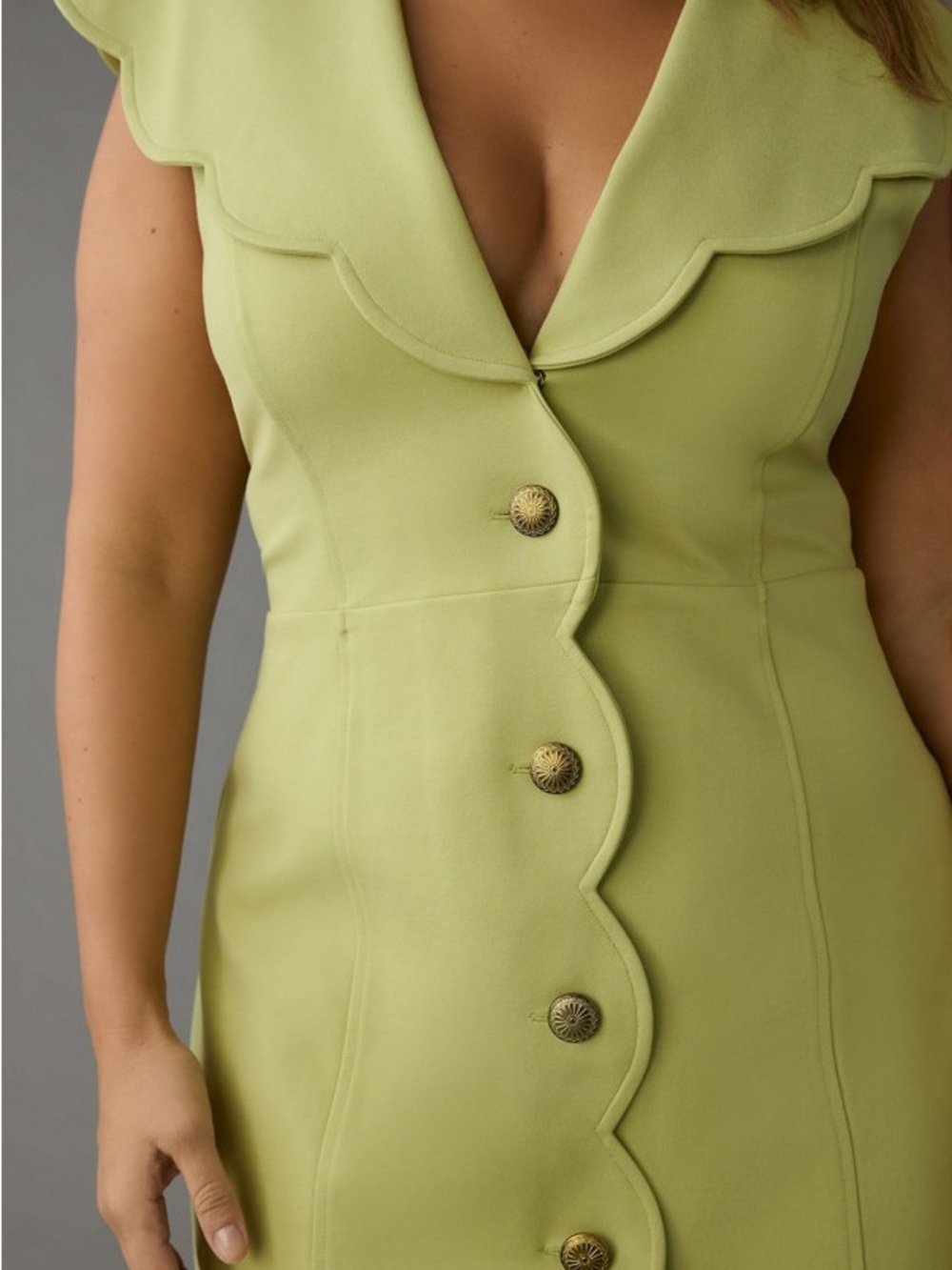 Maeve Anthropologie Scalloped Collar V-Neck Mini Button-Up Dress - Light Green - Picture 3 of 7